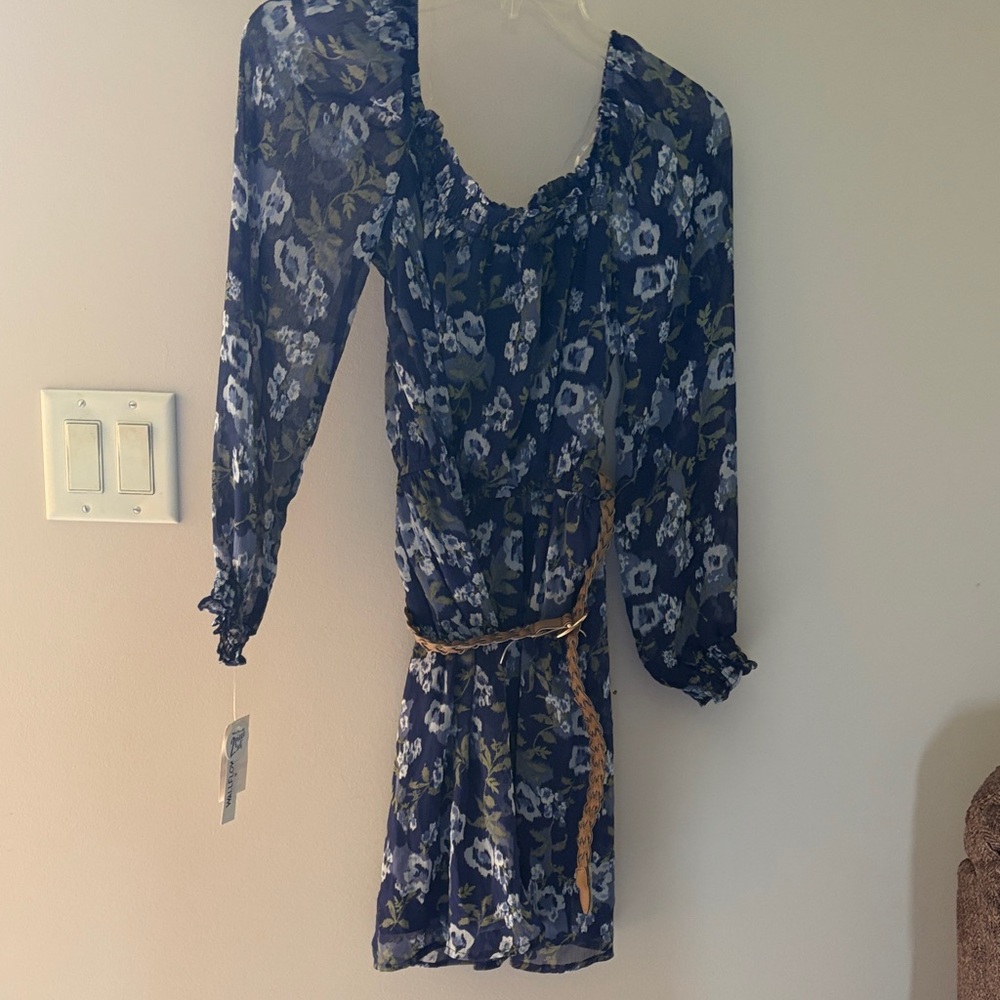 Wallflower Navy Floral Long-Sleeve Smocked-Waist Dress